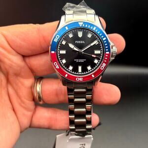 Fossil BQM2883 Mens Black Dial Pepsi Bezel Stainless Steel Diver Style Watch NIB